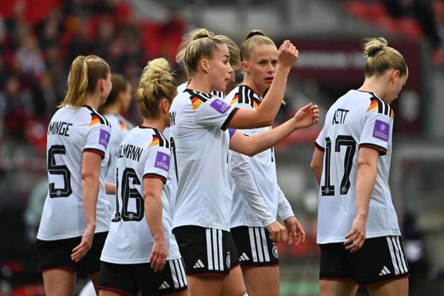 collective goal celebration,cheering,joy,enthusiasm,action,Giulia GWINN GER , Soccer World Cup Qualification Women Germany Austria on 14 04 2026 Max Morlock Stadium Nuremberg Â