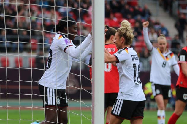 14 04 2026 Soccer Women 2025 2026 World Cup Qualification Europe 3 Matchday Germany Austria Max Morlock Stadium Nuremberg Nicole Anyomi Germany, 18, white cheers with Linda Dallmann Germany, 16, white after her goal for 1 0 Nuremberg Bayern Germany