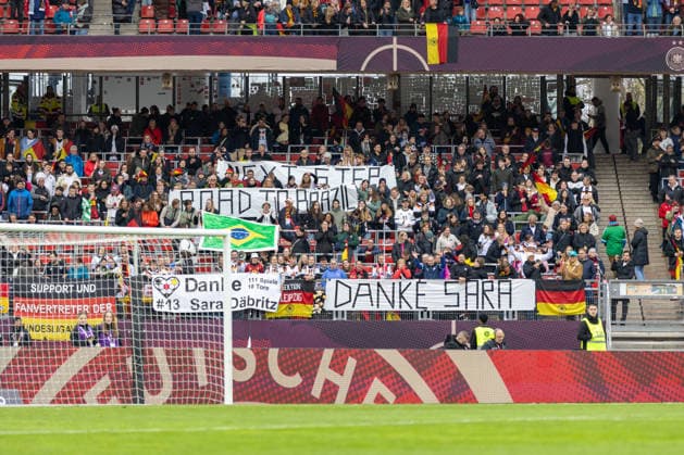 Germany Football World Cup Qualification Europe Women 2026, Matchday 3 Germany vs Austria Max Morlock Stadium Nuremberg banner with inscription Thank you Sara and Next Step Road to Brasil Copyright: xMichellexLukax