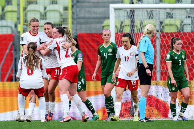2027 FIFA Women s World Cup European Qualifiers, Polsat Plus Arena, Gdansk, Poland 14 4 2026 Poland vs Republic of Ireland WNT Poland s Tanja Pawollek celebrates with team mates after she scores her sides 1st goal of the match Tanja Pawollek celebrates with team mates after she scores her sides 1st goal of the match 14 4 2026  Copyright: x INPHO RyanxByrnex RB1_4306