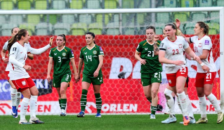 2027 FIFA Women s World Cup European Qualifiers, Polsat Plus Arena, Gdansk, Poland 14 4 2026 Poland vs Republic of Ireland WNT Ireland s Chloe Mustaki, Marissa Sheva and Emily Murphy dejected after conceding Chloe Mustaki, Marissa Sheva and Emily Murphy dejected after conceding 14 4 2026  Copyright: x INPHO RyanxByrnex RB1_4347