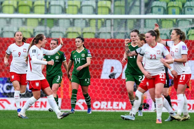 2027 FIFA Women s World Cup European Qualifiers, Polsat Plus Arena, Gdansk, Poland 14 4 2026 Poland vs Republic of Ireland WNT Ireland s Chloe Mustaki, Marissa Sheva and Emily Murphy dejected after conceding Chloe Mustaki, Marissa Sheva and Emily Murphy dejected after conceding 14 4 2026  Copyright: x INPHO RyanxByrnex RB1_4350