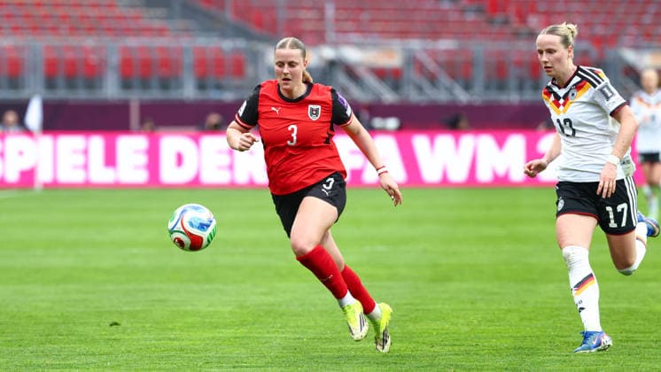 Sarah Gutmann 3, Austria and Franziska Kett 17, Germany during the match between Germany v Austria, Soccer, Women, Womens World Cup Qualification, 2025 2026, Matchday 3 on 14 04 2026 in Nuremberg, Max Morlock Stadium Bayern Germany