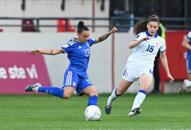 SERBIA vs ITALY Elsabetta Oliviero vs Mina Cavic football Serbia vs Italy FIFA Women s World Cup 2027 qualifcations match at Dubocica stadium, Lekovac 14.04.2026. godine Foto: Nebojsa Parausic FOOTBALL, SERBIA, ITALY, FIFA WOMENS WORLD CUP QUALIFICATIONS MATCH Leskovac Dubocica stadium Serbia Copyright: xNebojsaxParausicx xMNxPressx
