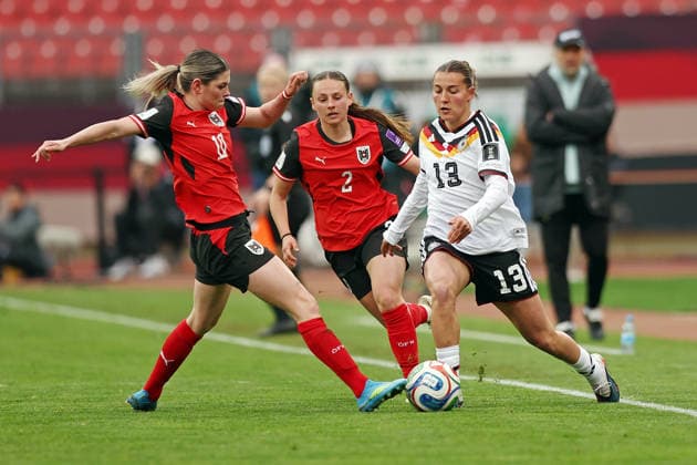 14 04 2026, xovx, Soccer Women World Cup Qualification, Germany Austria v l Eileen Campbell Austria , Chiara D Angelo Austria , Carlotta Wamser Germany Nuremberg Max Morlock Stadion Bayern Germany DE