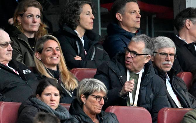 14 04 2026, World Cup Qualification Europe, Women 2026, Matchday 3, Germany Austria, in the Max Morlock Stadium Nuremberg, football official Nia Künzer Germany and Andreas Rettig Germany are visibly enjoying themselves