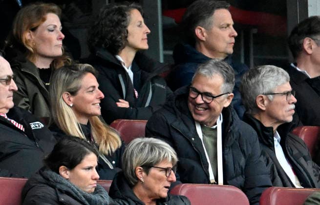 14 04 2026, World Cup Qualification Europe, Women 2026, Matchday 3, Germany Austria, in the Max Morlock Stadium Nuremberg, football official Nia Künzer Germany and Andreas Rettig Germany are visibly enjoying themselves