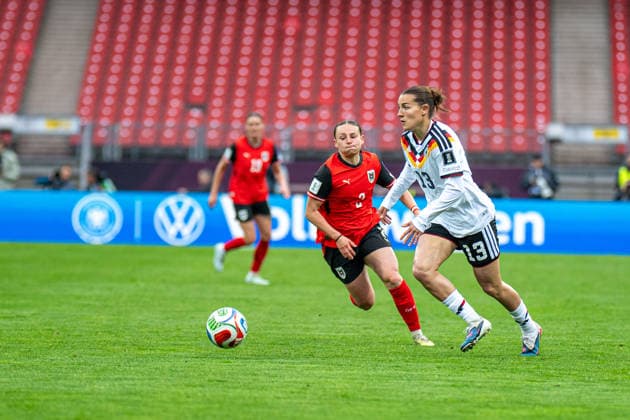 Chiara D Angelo 2 Austria and Carlotta Wamser 13 Germany in action during the international match between Germany Austria on 14 04 2026 in Nuremberg Nuremberg Max Morlock Stadium Bayern Germany