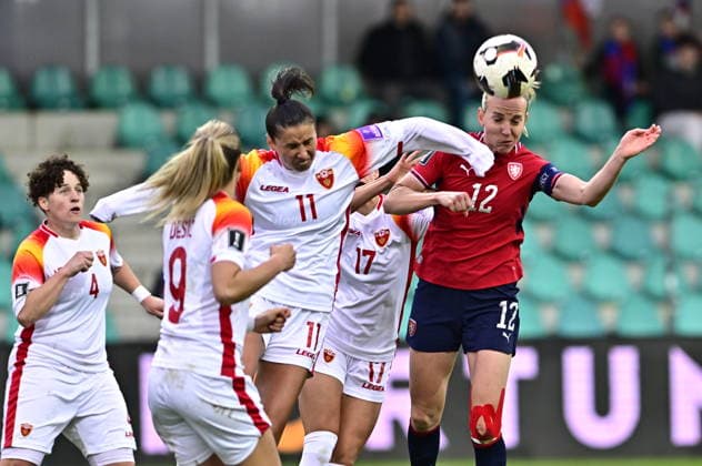 L-R Maja Saranovic (Montenegro), Medina Desic (Montenegro), Armisa Kuc (Montenegro), Darija Djukic (Montenegro) and scoring Klara Cahynova (Czechia) in action during the European qualifying part for 2027 Women s Football World Cup match, group B1: Czechia vs Montenegro, in Chomutov, Czech Republic, on April 14, 2026. (CTKxPhoto OndrejxHajek) CTKPhotoP2026041408013  CTKPhotoP2026041408013