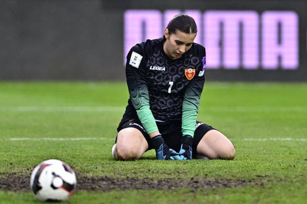 Goalkeeper Ajsa Kalac (Montenegro) is seen after receiving a goal during the European qualifying part for 2027 Women s Football World Cup match, group B1: Czechia vs Montenegro, in Chomutov, Czech Republic, on April 14, 2026. (CTKxPhoto OndrejxHajek) CTKPhotoP2026041408015  CTKPhotoP2026041408015