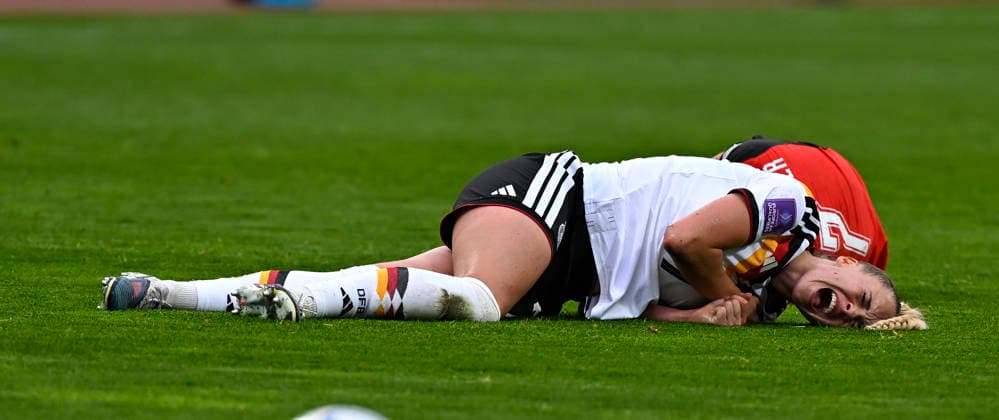 14 04 2026, World Cup Qualification Europe, Women 2026, Matchday 3, Germany Austria, in the Max Morlock Stadium Nuremberg, Giulia Gwinn Germany battered on the ground
