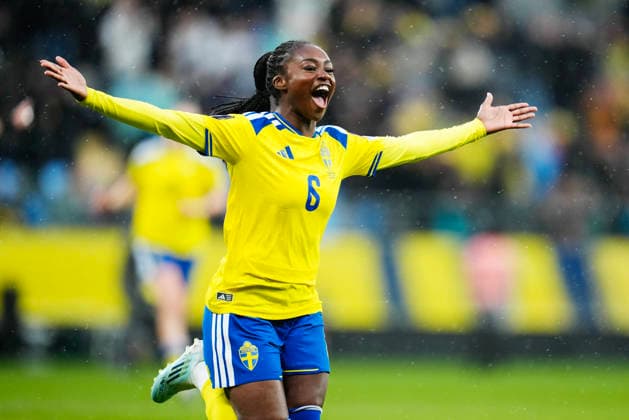 GOTHENBURG, SWEDEN 20260414 Sweden s Monica Jusu Bah celebrates after her goal, 1-0, during Tuesday s World Cup qualifying soccer match between Sweden and Denmark at Gamla Ullevi in Gothenburg GÖTEBORG SWEDEN x9200x  Copyright: xBjörnxLarssonxRosvall TTx WORLD CUP QUALIFYING SWEDEN-DENMARK