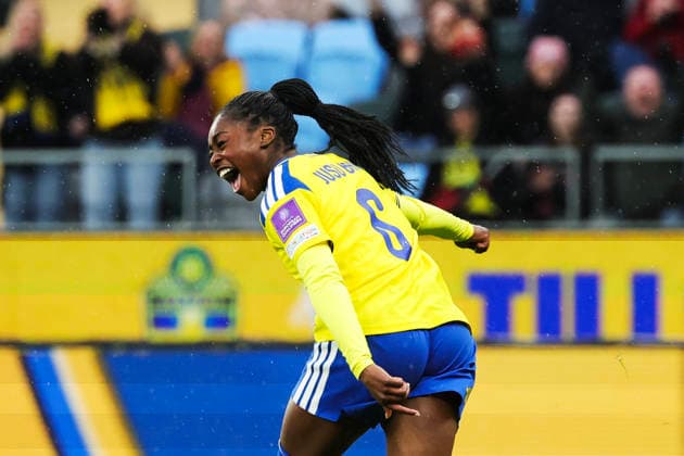 GÖTEBORG, SWEDEN 20260414 Swedens Monica Jusu Bah cheers after scoring a goal, 1-0, during Tuesdays World Cup qualifying soccer match between Sweden and Denmark at Gamla Ullevi in Gothenburg GÖTEBORG SWEDEN x9200x  Copyright: xAdamxIhse TTx VM-KVAL SVERIGE-DANMARK