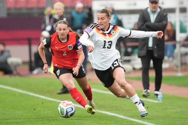 Carlotta Wamser Germany passes Chiara D Angelo Austria Nuremberg 14 04 2026 Germany vs Austria, Max Morlock Stadium, Womens World Cup Qualification