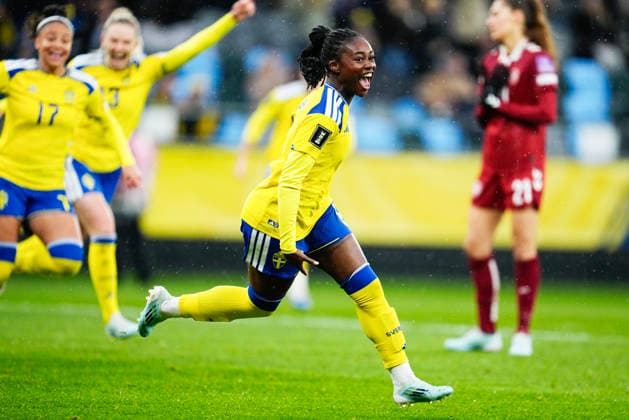 GOTHENBURG, SWEDEN 20260414 Sweden s Monica Jusu Bah celebrates after her goal, 1-0, during Tuesday s World Cup qualifying soccer match between Sweden and Denmark at Gamla Ullevi in Gothenburg GÖTEBORG SWEDEN x9200x  Copyright: xBjörnxLarssonxRosvall TTx WORLD CUP QUALIFYING SWEDEN-DENMARK