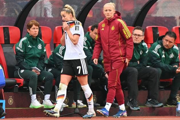 Giulia GWINN GER , injured,Injury Re Lea SCHUELLER GER Soccer World Cup Qualification Women Germany Austria on 14 04 2026 Max Morlock Stadium Nuremberg Â