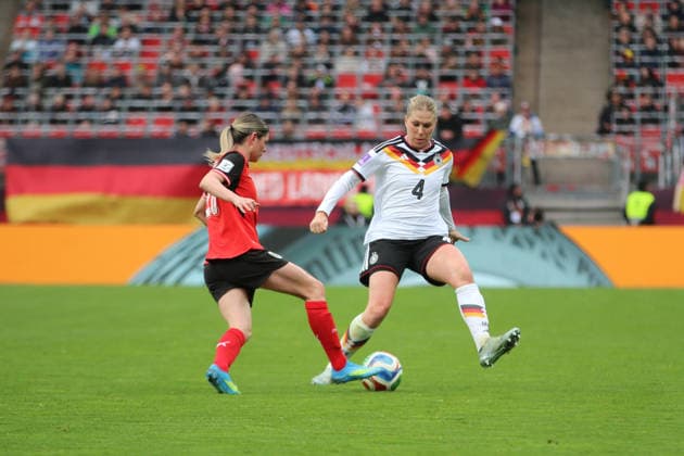 14 04 2026 Soccer Women 2025 2026 World Cup Qualification Europe 3 Matchday Germany Austria Max Morlock Stadium Nuremberg Eileen Campbell Austria, 10, red in duel with Rebecca Knaak Germany, 4, white Nuremberg Bavaria Germany