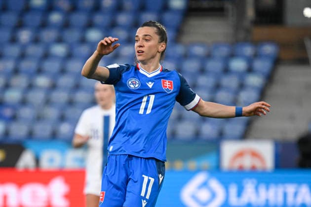 Patricia Hmirova of Slovakia reacts during the UEFA Women s football World Cup League B Group B3 qualification match between Finland and Slovakia in Helsinki, Finland on April 14, 2026. - MARKKU ULANDER Helsinki Finland IWh2k72f5aE  Copyright: xMarkkuxUlanderx IWh2k72f5aE
