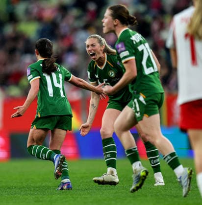 2027 FIFA Women s World Cup European Qualifiers, Polsat Plus Arena, Gdansk, Poland 14 4 2026 Poland vs Republic of Ireland WNT Ireland™s Marissa Sheva celebrates with Megan Connolly after she scores her sides 3rd goal of the match Marissa Sheva celebrates with Megan Connolly after she scores her sides 3rd goal of the match 14 4 2026  Copyright: x INPHO RyanxByrnex RB1_5500