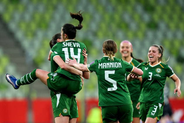 2027 FIFA Women s World Cup European Qualifiers, Polsat Plus Arena, Gdansk, Poland 14 4 2026 Poland vs Republic of Ireland WNT Ireland™s Marissa Sheva celebrates with team mates after she scores her sides 3rd goal of the match Marissa Sheva celebrates with team mates after she scores her sides 3rd goal of the match 14 4 2026  Copyright: x INPHO RyanxByrnex RB1_5540