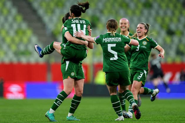 2027 FIFA Women s World Cup European Qualifiers, Polsat Plus Arena, Gdansk, Poland 14 4 2026 Poland vs Republic of Ireland WNT Ireland™s Marissa Sheva celebrates with team mates after she scores her sides 3rd goal of the match Marissa Sheva celebrates with team mates after she scores her sides 3rd goal of the match 14 4 2026  Copyright: x INPHO RyanxByrnex RB1_5541