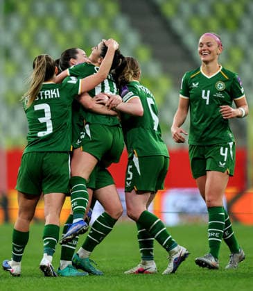 2027 FIFA Women s World Cup European Qualifiers, Polsat Plus Arena, Gdansk, Poland 14 4 2026 Poland vs Republic of Ireland WNT Ireland™s Marissa Sheva celebrates with team mates after she scores her sides 3rd goal of the match Marissa Sheva celebrates with team mates after she scores her sides 3rd goal of the match 14 4 2026  Copyright: x INPHO RyanxByrnex RB1_5574