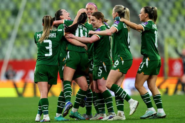 2027 FIFA Women s World Cup European Qualifiers, Polsat Plus Arena, Gdansk, Poland 14 4 2026 Poland vs Republic of Ireland WNT Ireland™s Marissa Sheva celebrates with team mates after she scores her sides 3rd goal of the match Marissa Sheva celebrates with team mates after she scores her sides 3rd goal of the match 14 4 2026  Copyright: x INPHO RyanxByrnex RB1_5589