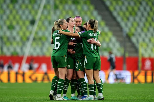 2027 FIFA Women s World Cup European Qualifiers, Polsat Plus Arena, Gdansk, Poland 14 4 2026 Poland vs Republic of Ireland WNT Ireland™s Marissa Sheva celebrates with team mates after she scores her sides 3rd goal of the match Marissa Sheva celebrates with team mates after she scores her sides 3rd goal of the match 14 4 2026  Copyright: x INPHO RyanxByrnex RB1_5607