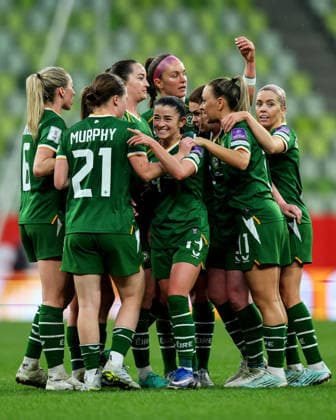 2027 FIFA Women s World Cup European Qualifiers, Polsat Plus Arena, Gdansk, Poland 14 4 2026 Poland vs Republic of Ireland WNT Ireland™s Marissa Sheva celebrates with team mates after she scores her sides 3rd goal of the match Marissa Sheva celebrates with team mates after she scores her sides 3rd goal of the match 14 4 2026  Copyright: x INPHO RyanxByrnex RB1_5651