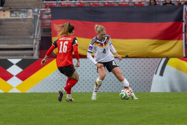Germany Football World Cup Qualification Europe Women 2026, Matchday 3 Germany vs Austria Max Morlock Stadium Nuremberg Knaak Rebecca German womens national team, 4 in duel against Schasching Annabel German womens national team Austria, 16 Copyright: xMichellexLukax