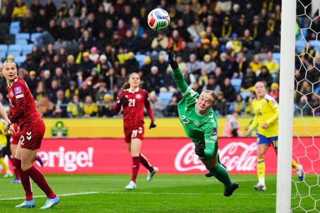 GOTHENBURG, SWEDEN 20260414 Denmark s goalkeeper Freja R Thisgaard and Stine Sandbech 12 watch the ball go over the post during Tuesday s World Cup qualifying soccer match between Sweden and Denmark at Gamla Ullevi in Gothenburg GÖTEBORG SWEDEN x9200x  Copyright: xAdamxIhse TTx WORLD CUP QUALIFYING SWEDEN-DENMARK