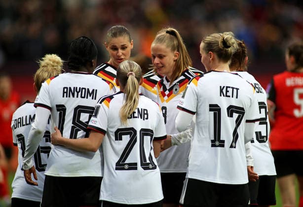 Germany Austria, football, women, season 2025 2026, international match, World Cup qualification, Max Morlock Stadium, Nuremberg 2 0 by Vivien Endemann Germany center goal, cheering, cheering crowd
