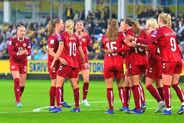 Gamla Ullevi GOTHENBURG, SWEDEN - APRIL 14: Denmark celebrates goal in the World Cup 2027 qualifier match between Sweden and Denmark at Gamla Ullevi on April 14, 2026 in Gothenburg, Sweden. (Peter Sonander SPP) Copyright: xPeterxSonander SPPx Sportspressphoto_SPR129201