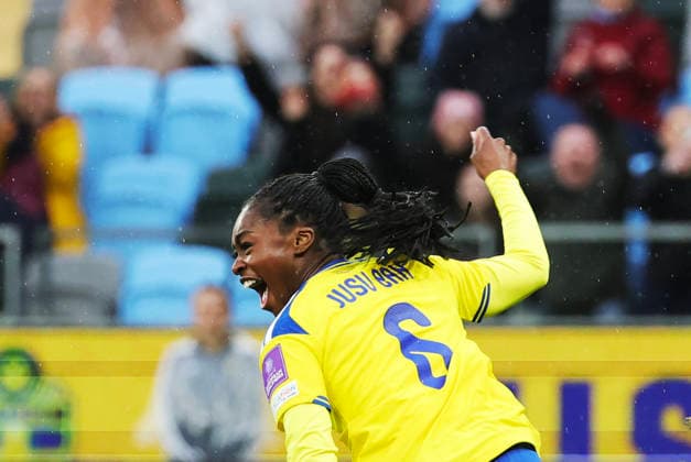 GOTHENBURG, SWEDEN 20260414 Sweden s Monica Jusu Bah celebrates after her goal, 1-0, during Tuesday s World Cup qualifying soccer match between Sweden and Denmark at Gamla Ullevi in Gothenburg GÖTEBORG SWEDEN x9200x  Copyright: xAdamxIhse TTx WORLD CUP QUALIFYING SWEDEN-DENMARK