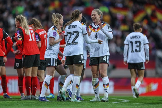 GER, Nuremberg, Germany vs Austria, international match, football, FIFA, 2026 2027 season, World Cup qualification, Max Morlock Stadium, 3 matchday in picture Vivien Endemann Germany Women 8 , goal, jubilation and joy, emotions, 2 0, Rebecca Knaak Germany Women 4 DFB DFL REGULATIONS PROHIBIT ANY USE OF PHOTOGRAPHS AS IMAGE SEQUENCES AND OR QUASI VIDEO, 14 04 2026 Copyright: HMBxMedia HendrikxHamelau