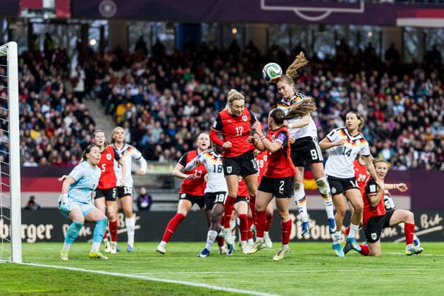 NUREMBERG, GERMANY - APRIL 14: Sjoeke Nuesken (Nüsken, Nusken, Germany, 9) scores the 3:0 goal via header during the FIFA Women™s World Cup 2027 UEFA Qualifiers match between Germany vs. Austria at Frankenstadion Max-Morlock-Stadion on April 14, 2026 in Nuremberg, Germany. Bavaria Germany Copyright: xSteffiexWunderlx