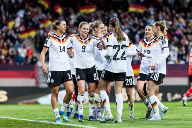 NUREMBERG, GERMANY - APRIL 14: Sjoeke Nuesken (Nüsken, Nusken, Germany, 9) celebrates scoring the 3:0 goal with her teammates during the FIFA Women™s World Cup 2027 UEFA Qualifiers match between Germany vs. Austria at Frankenstadion Max-Morlock-Stadion on April 14, 2026 in Nuremberg, Germany. Bavaria Germany Copyright: xSteffiexWunderlx