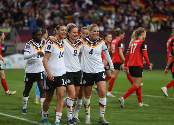 Germany Austria, Football, Women, Season 2025 2026, International match, World Cup Qualification, Max Morlock Stadium, Nuremberg 3 0 by Sjoeke Nüsken Suesken Germany Goal, Cheering with Larissa Mühlhaus Muehlhaus Germany and Rebecca Knaak Germany