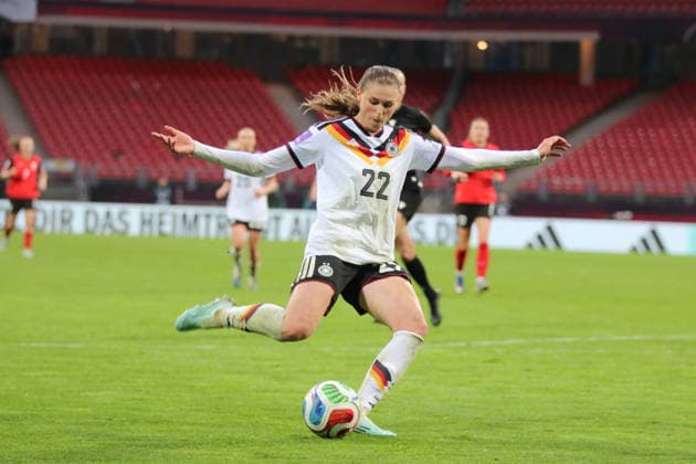 14 04 2026 Soccer Women 2025 2026 World Cup Qualification Europe 3 Matchday Germany Austria Max Morlock Stadium Nuremberg Jule Brand Germany, 22, white scores 4 0 Nuremberg Bayern Germany