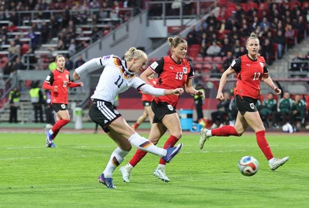 14 04 2026 Soccer womens soccer international match world cup qualifier qualifying match qualifier for the world cup 2027 Germany gg Austria Sportfoto Zink DaMa xdaxmax Goal Goal Shot to 5 1 Goalscorer Lea Schüller Schueller 11, Germany