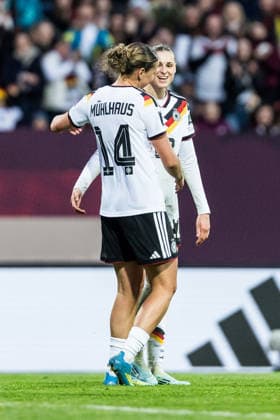 NUREMBERG, GERMANY - APRIL 14: Jule Brand (Germany, 22) celebrates scoring the 4:0 goal with her teammates during the FIFA Women™s World Cup 2027 UEFA Qualifiers match between Germany vs. Austria at Frankenstadion Max-Morlock-Stadion on April 14, 2026 in Nuremberg, Germany. Bavaria Germany Copyright: xSteffiexWunderlx