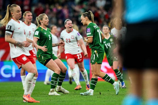 2027 FIFA Women s World Cup European Qualifiers, Polsat Plus Arena, Gdansk, Poland 14 4 2026 Poland vs Republic of Ireland WNT Ireland s Katie McCabe celebrates after she scores a goal that would later be ruled out Katie McCabe celebrates after she scores a goal that would later be ruled out 14 4 2026  Copyright: x INPHO RyanxByrnex RB1_6528