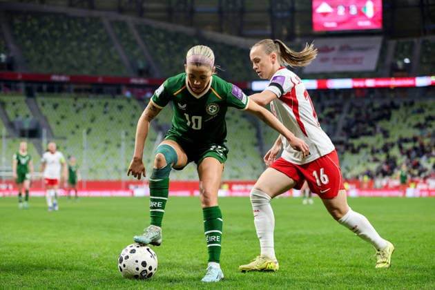 2027 FIFA Women s World Cup European Qualifiers, Polsat Plus Arena, Gdansk, Poland 14 4 2026 Poland vs Republic of Ireland WNT Ireland s Denise O Sullivan in action with Poland s Klaudia JedliÅ ska Denise O Sullivan in action with Klaudia JedliÅ ska 14 4 2026  Copyright: x INPHO RyanxByrnex RB2_0513