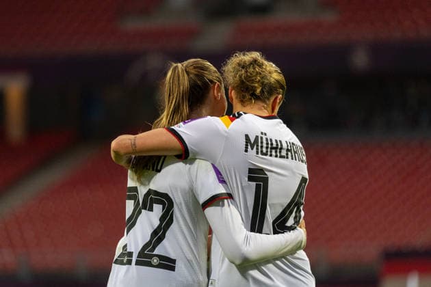 Germany Football World Cup Qualification Europe Women 2026, Matchday 3 Germany vs Austria Max Morlock Stadium Nuremberg Goal celebration after the goal to 4 0 for Germany by scorer Brand Jule German womens national team, 22 , Mühlhaus Larissa German womens national team, 14 Copyright: xMichellexLukax