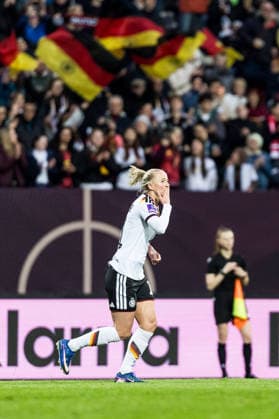 NUREMBERG, GERMANY - APRIL 14: Lea Schueller (Schüller, Schuller, Germany, 11) celebrates scoring the 5:1 goal during the FIFA Women™s World Cup 2027 UEFA Qualifiers match between Germany vs. Austria at Frankenstadion Max-Morlock-Stadion on April 14, 2026 in Nuremberg, Germany. Bavaria Germany Copyright: xSteffiexWunderlx