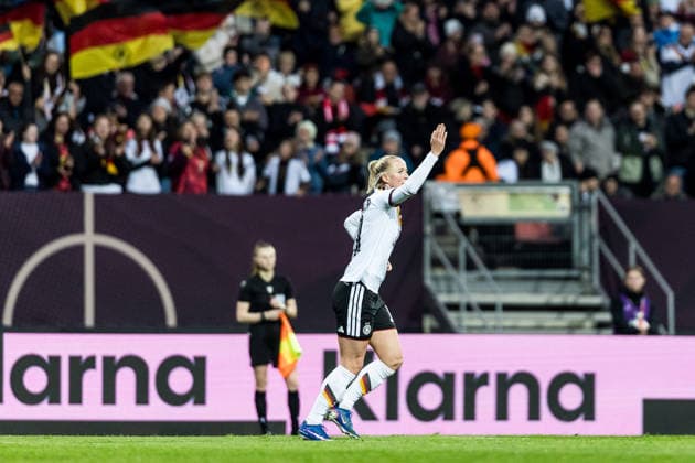 NUREMBERG, GERMANY - APRIL 14: Lea Schueller (Schüller, Schuller, Germany, 11) celebrates scoring the 5:1 goal during the FIFA Women™s World Cup 2027 UEFA Qualifiers match between Germany vs. Austria at Frankenstadion Max-Morlock-Stadion on April 14, 2026 in Nuremberg, Germany. Bavaria Germany Copyright: xSteffiexWunderlx