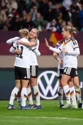 Lea Schüller 11 Germany and Janina Minge 5 Germany celebrate the goal for 5 1 during the international match between Germany Austria on 14 04 2026 in Nuremberg Nuremberg Max Morlock Stadium Bayern Germany