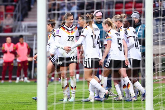 Team Germany goal for 3 0 in the match between Germany v Austria, Football, Women, Women World Cup Qualification, 2025 2026, Matchday 3 on 14 04 2026 in Nuremberg, Max Morlock Stadion Bayern Germany
