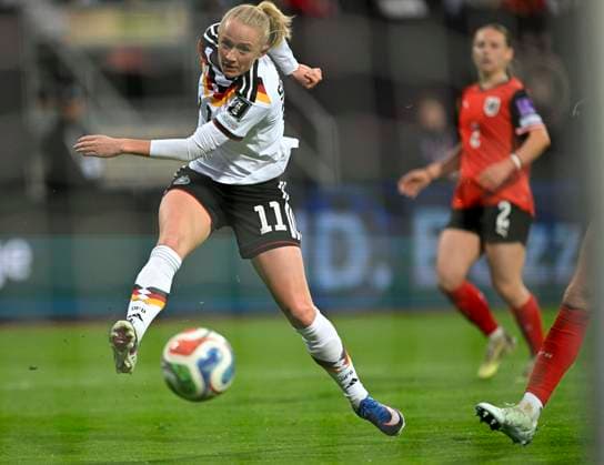 14.04.2026, WM-Qualifikation Europa, Frauen 2026, 3.Spieltag, Deutschland - Österreich, im Max-Morlock-Stadion Nürnberg, 5:1 von Lea Schüller (Deutschland) *** 14 04 2026, World Cup Qualification Europe, Women 2026, Matchday 3, Germany Austria, at Max Morlock Stadium Nuremberg, 5 1 by Lea Schüller Germany