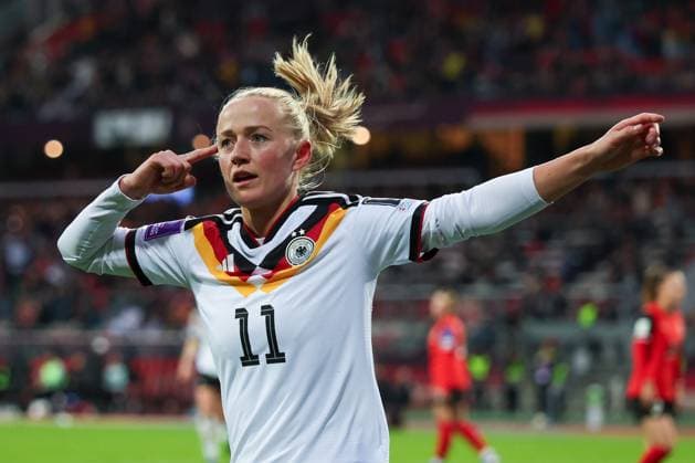 Lea Schueller 11 Germany celebrates after her goal for 5 1, Emotion, Joy, Germany vs Austria, DFB, Football, Women, Womens World Cup Qualification, Group stage, Group D, Matchday 3 of 6, Season 2025 26, 14 04 2026 Nuremberg Bavaria Germany Copyright: xkolbert-press MartinxAgüerax